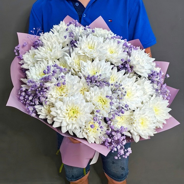 Букет из 7 кустовых хризантем сорта "BALTICA" и сиреневой гипсофилы