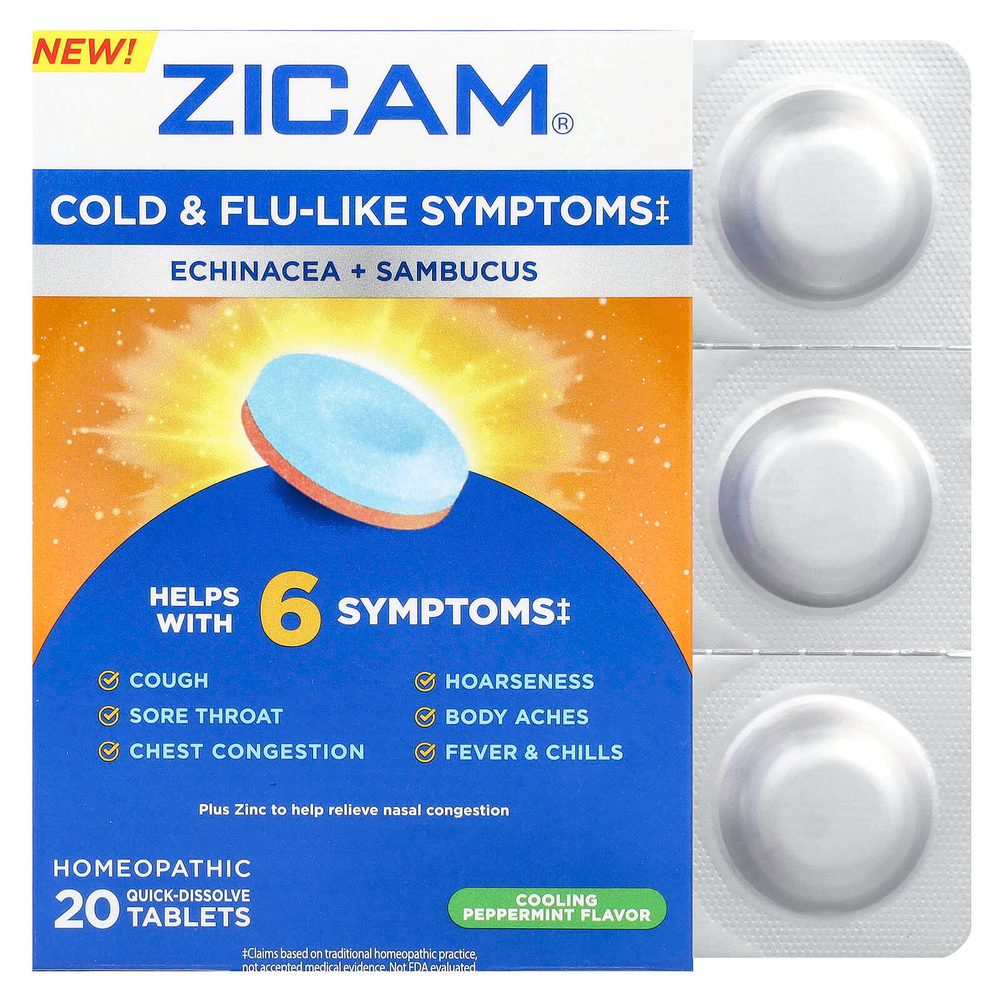 Zicam, Echinacea + Sambucus, охлаждающая перечная мята, 20 быстрорастворимых таблеток