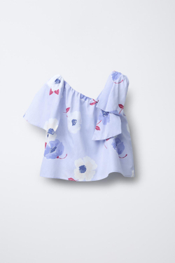 ZARA АСИММЕТРИЧНЫЙ ТОП С ЦВЕТОЧНЫМ ПРИНТОМ, ГОЛУБОЙ