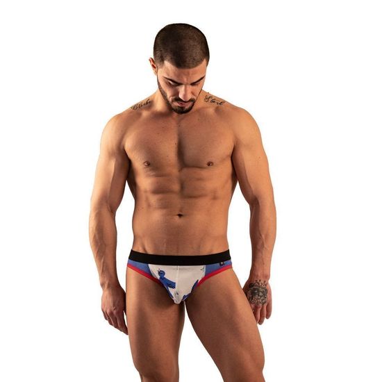 Мужские трусы джоки белые с принтом с синей вставкой Van Baam