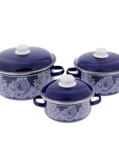 Набор кастрюль «Вологодское кружево», 3 предмета: 1,5 л, 3 л, 5 л, индукция, цвет синий