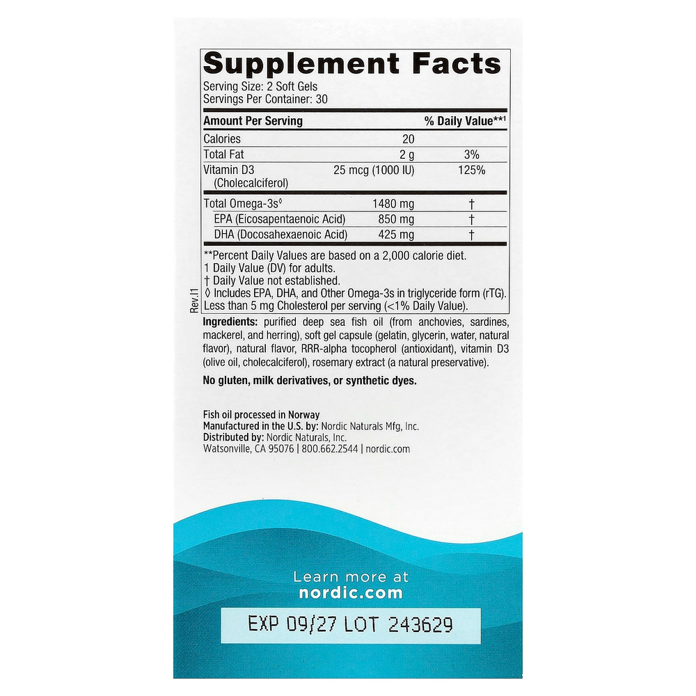 Nordic Naturals, Ultimate Omega Xtra, высокоэффективные омега-3 кислоты, со вкусом лимона, 1480 мг, 60 капсул (740 мг в 1 капсуле)