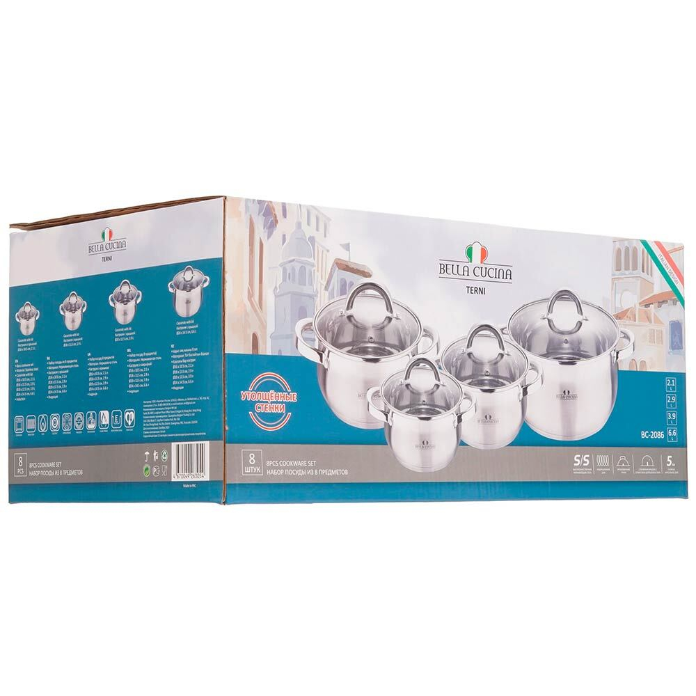 Набор кастрюль 4 предмета (2,1л, 2,9л, 3,9л, 6,6л) нерж Bella Cucina BC-2086