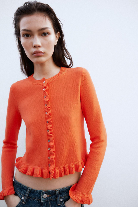 ZARA ТРИКОТАЖНЫЙ КАРДИГАН С ВОЛАНАМИ, ОРАНЖЕВЫЙ