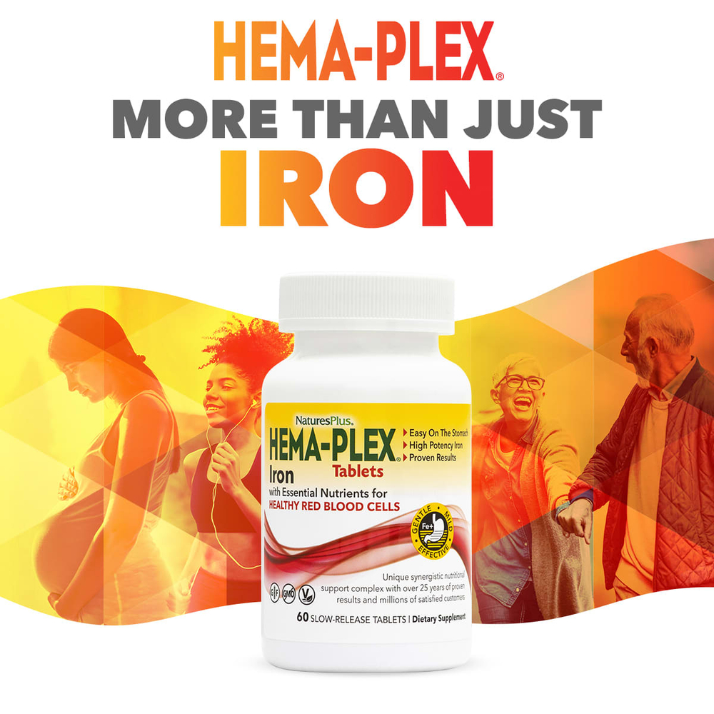NaturesPlus, Hema-Plex®, железо с незаменимыми питательными веществами для здоровых эритроцитов, 60 таблеток медленного высвобождения