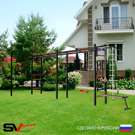 Уличная шведская стенка Sv Sport рукоход х 2 с комплектом турник прямой У52022 (Турник/Брусья/Стойка/Скамья/"Лодочка"/Канат/кольца/лестница)