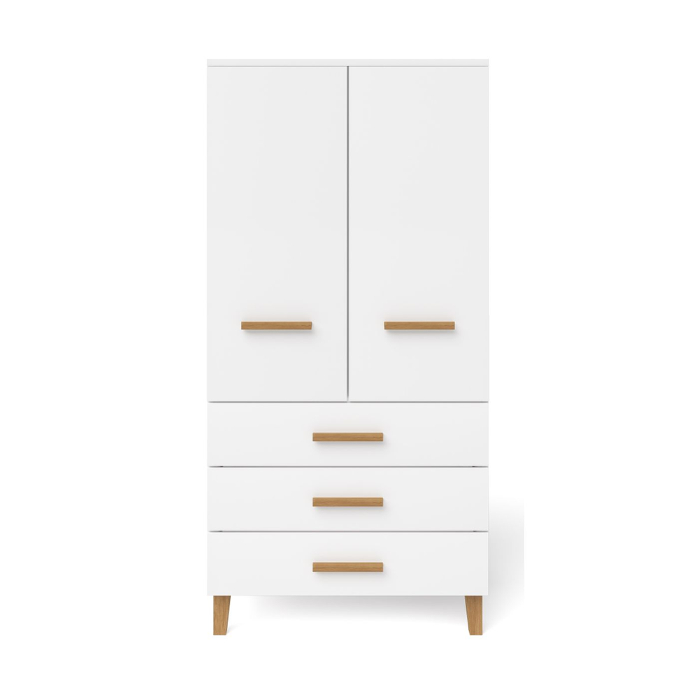 Шкаф 89х56х183, Чек, распашной для одежды, в детскую, спальню, прихожую, с дубовыми ручками и ножками, двухдверный, массив сосны, белый, Dipriz