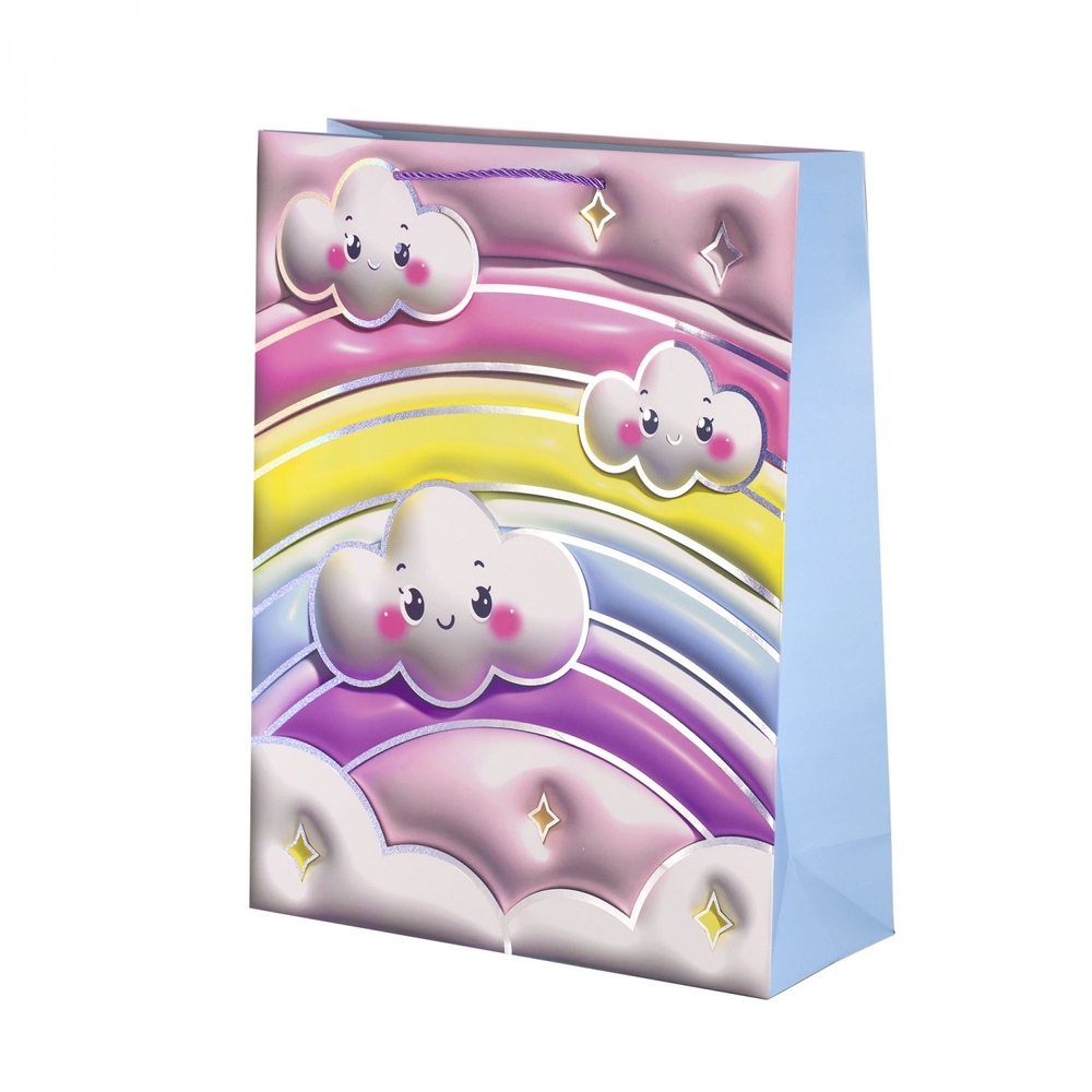 Пакет подарочный бумажный Alingar, (L+) 26х32х10 см, вертикальный, "Радуга и облачка", матов. ламинация, тиснение голография, эффект 3D, ассорти