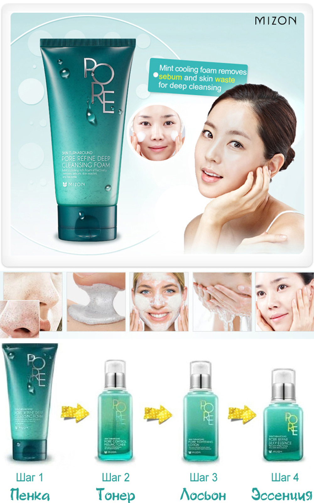 Mizon Pore Refine Deep Cleansing Foam пенка с мятой для жирной, проблемной кожи с расширенными порами