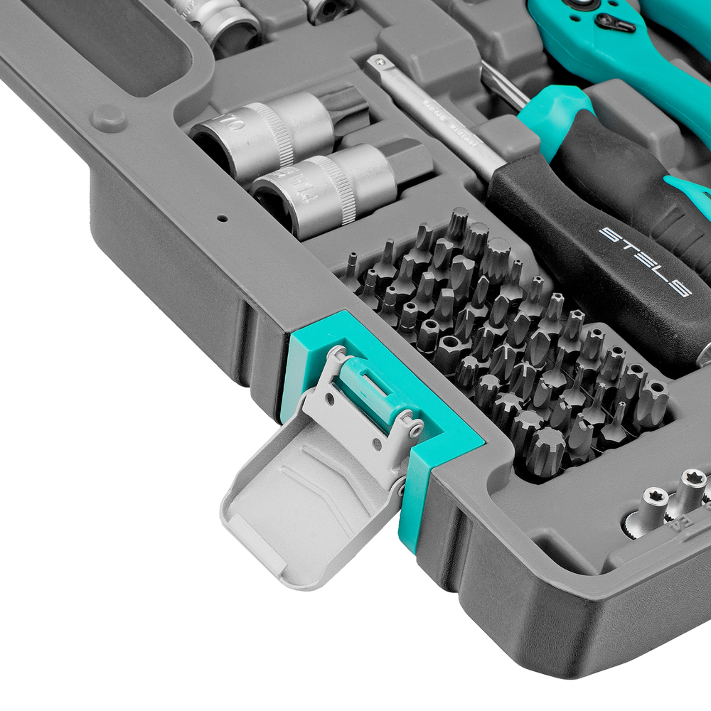 Набор инструментов, 1/4", 3/8", 1/2", Cr-V, S2, усиленный кейс, 216 предметов Stels
