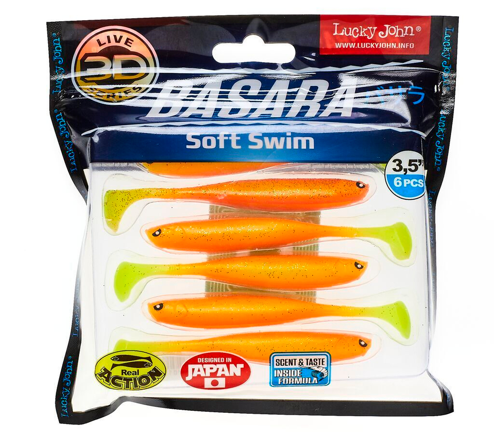 Виброхвост LUCKY JOHN Basara Soft Swim 3D, 3.5in (89 мм), цвет PG03, 6 шт.