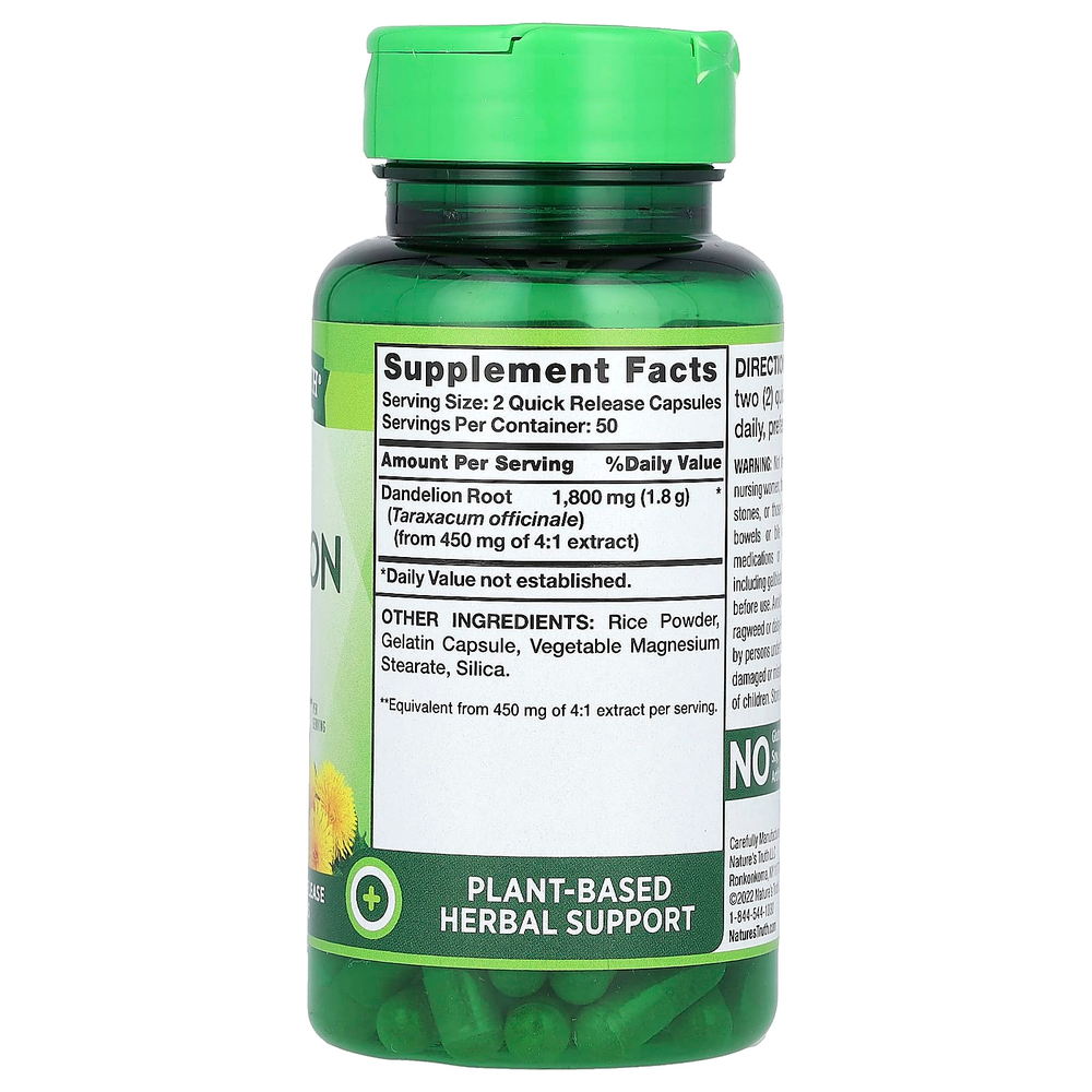 Nature's Truth, витамины, корень одуванчика, 100 капсул с быстрым высвобождением (900 мг в 1 капсуле)