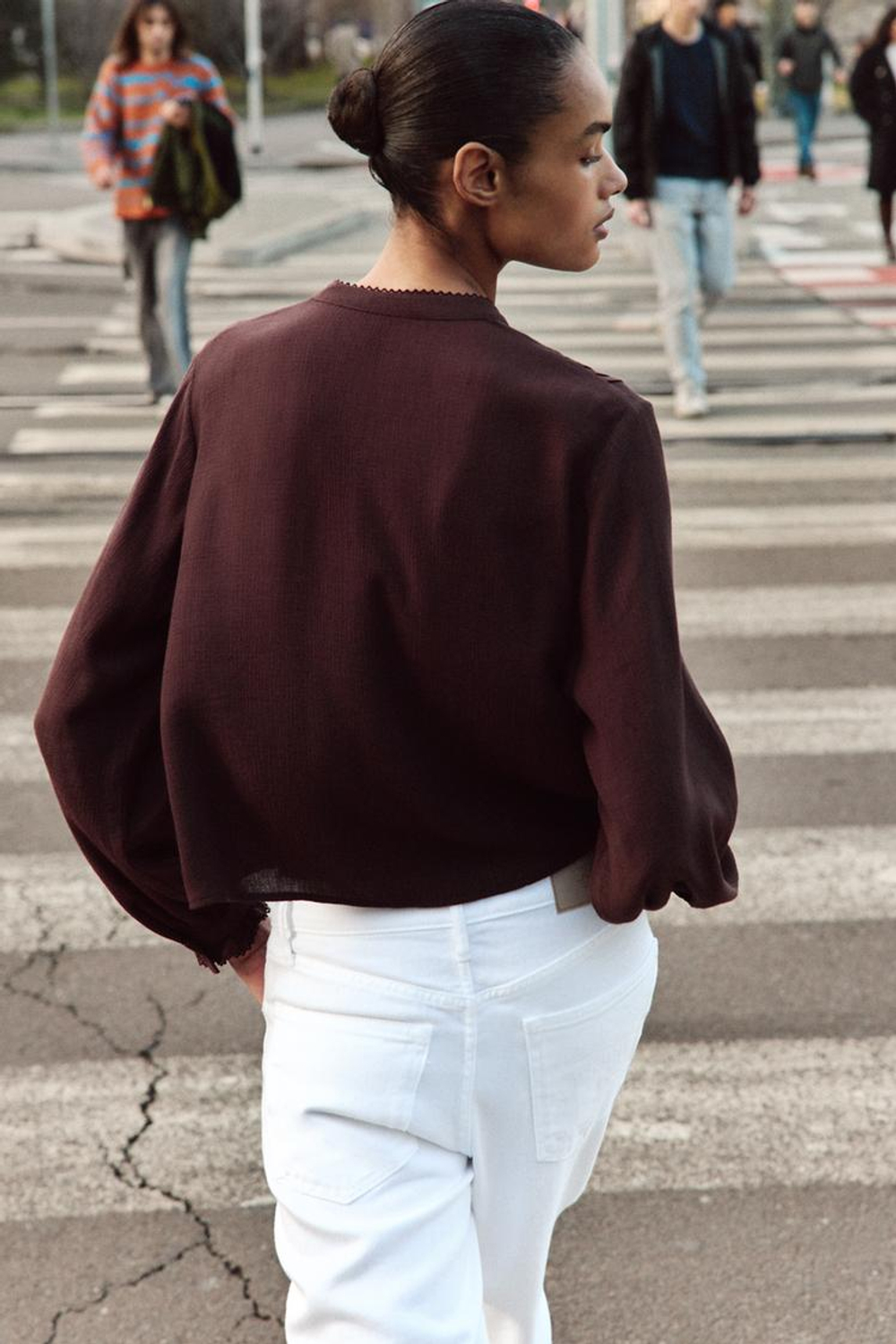 ZARA БЛУЗА С ВЫШИВКОЙ, КОРИЧНЕВЫЙ