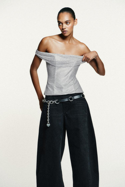 ZARA ТОП ИЗ СЕТКИ СО СТРАЗАМИ И ДРАПИРОВКОЙ, СЕРЕБРИСТЫЙ