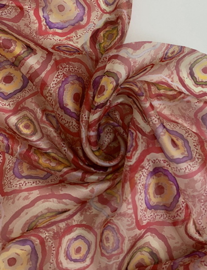 Шифон принт, круги красные/желт/фиолетовые на бежевом