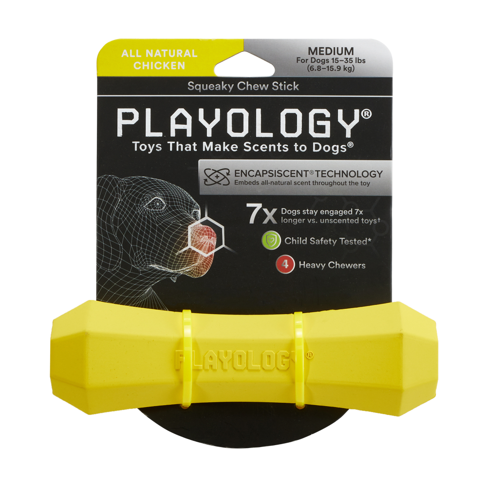 Playology  жевательная палочка SQUEAKY CHEW STICK для собак средних пород с ароматом курицы, средняя, цвет желтый