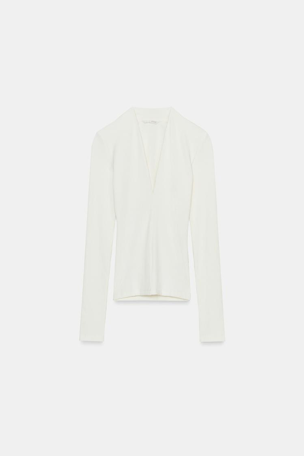 ZARA ТОП В РУБЧИК С V-ОБРАЗНЫМ ВЫРЕЗОМ, ЭКРЮ