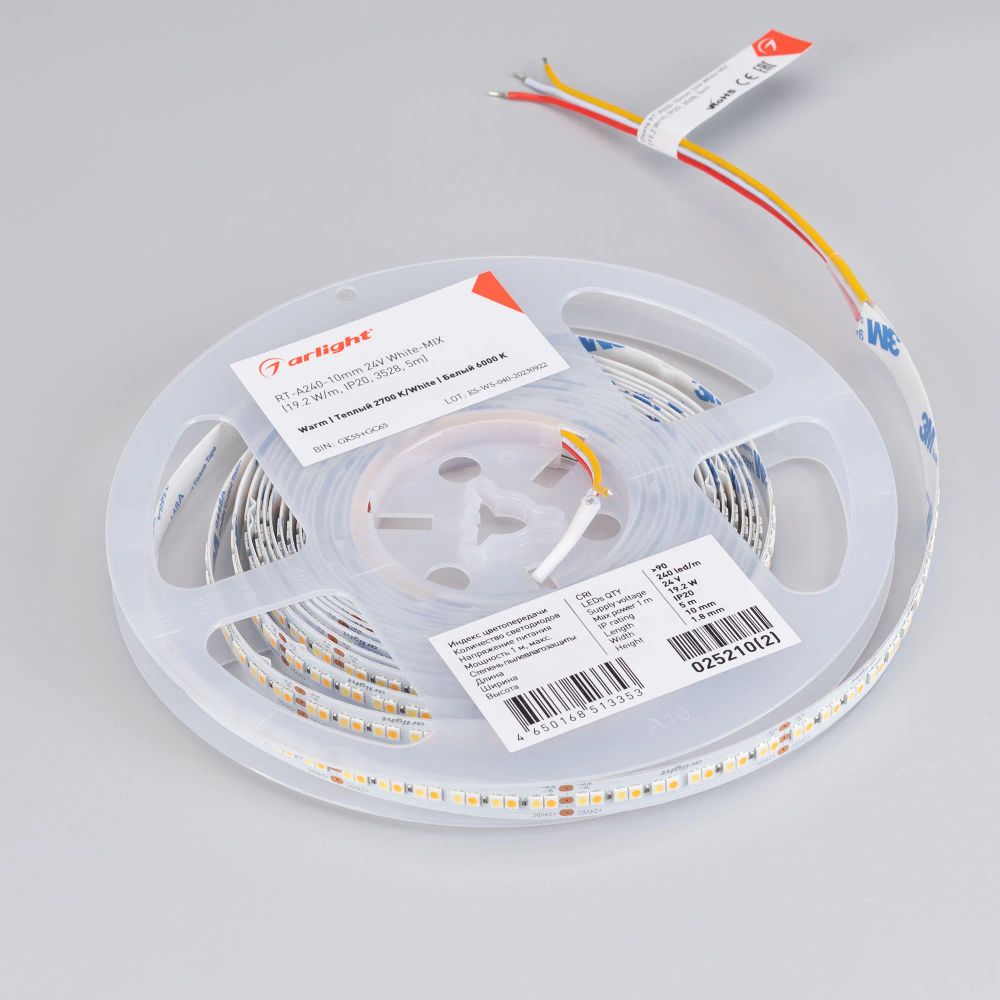 Светодиодная лента RT-A240-10mm 24V White-MIX (19.2 W/m, IP20, 3528, 5m) (Arlight, Изменяемая ЦТ) 025210(2)
