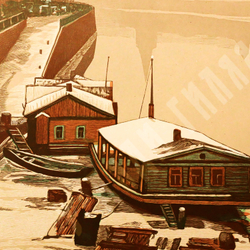 Павлов И. Н. Грибной рынок. Серия «Старая Москва». Линогравюра. 1944 г.