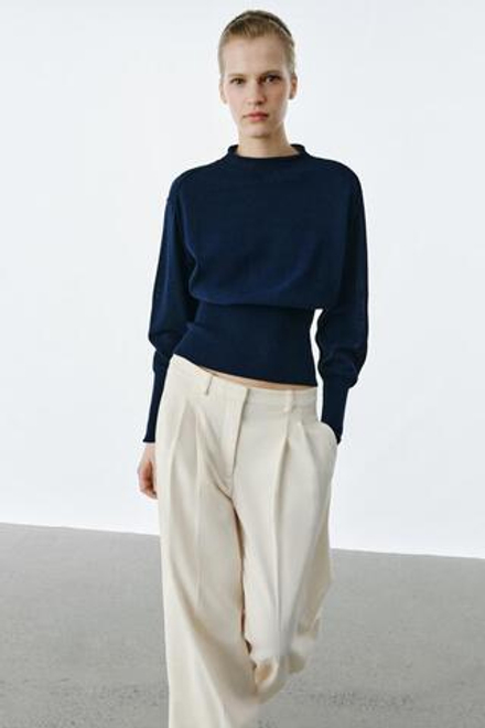 ZARA ВЯЗАНЫЙ ДЖЕМПЕР С ШИРОКИМ ПОЯСОМ, ЧЕРНИЛЬНО-СИНИЙ