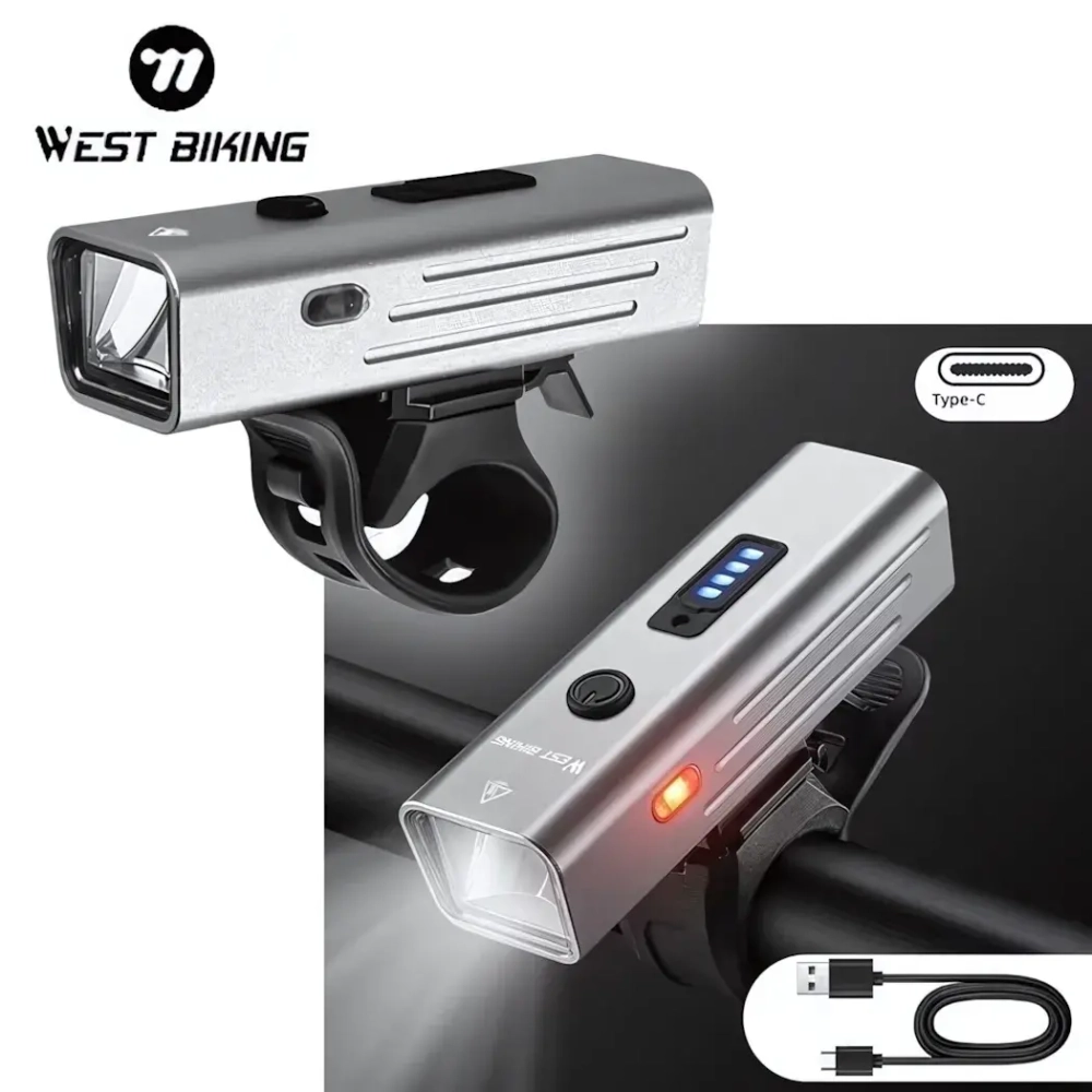 Фонарь велосипедный, передний West Biking YP0701416 Silver (аккум. 1800 mAh, Tape-C)