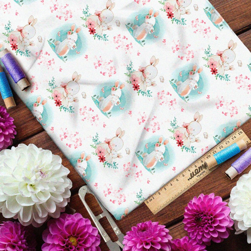 Ткань штапель нежные зайцы на белом фоне