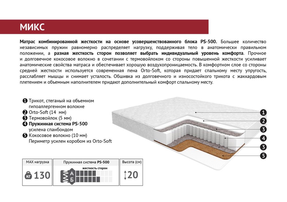 Матрас ортопедический "Микс ПС500" 1400х2000, Мелодия сна, г.Пенза