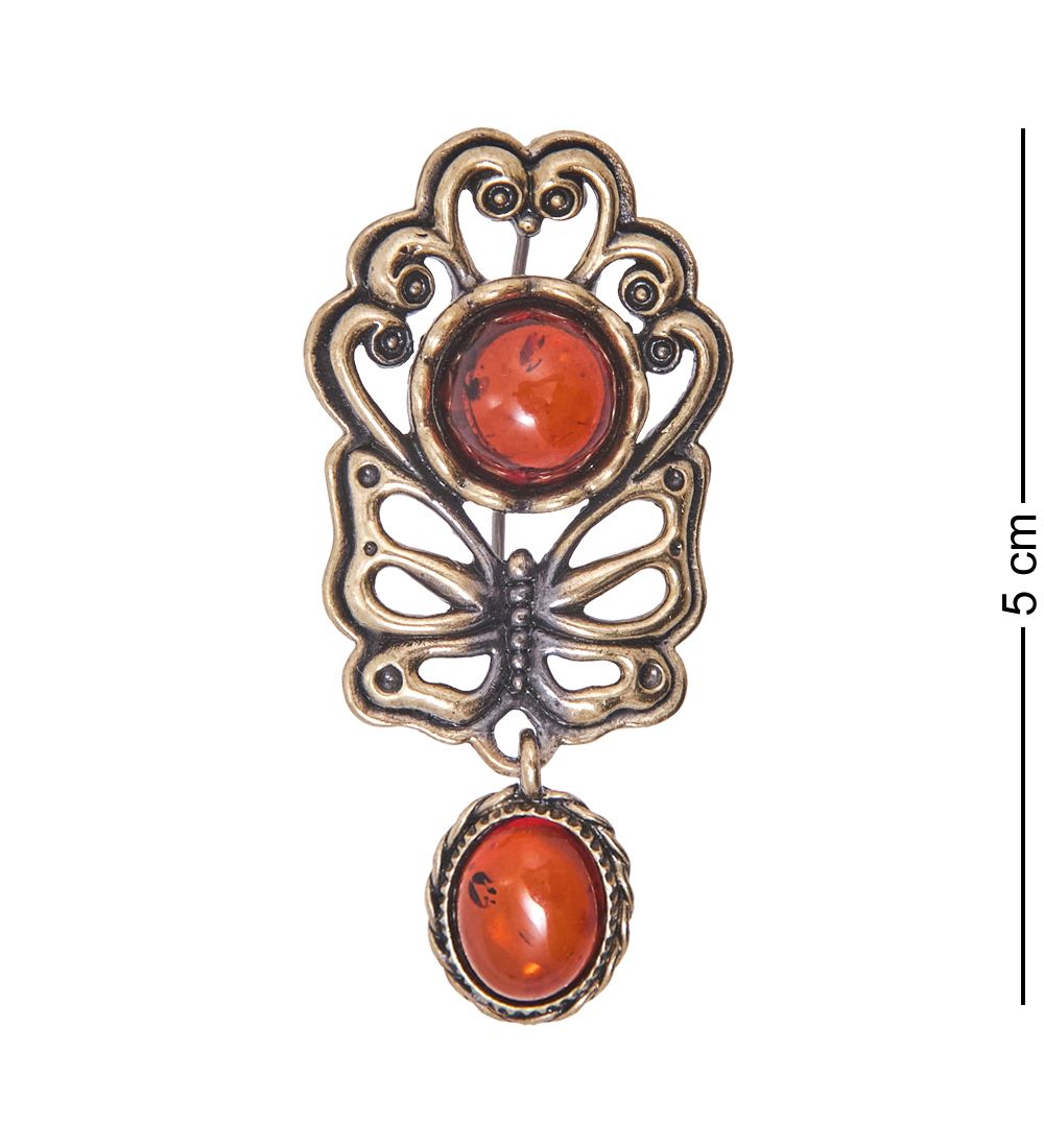 AM-4135 Брошь «Бабочка Цветение» (латунь, янтарь)