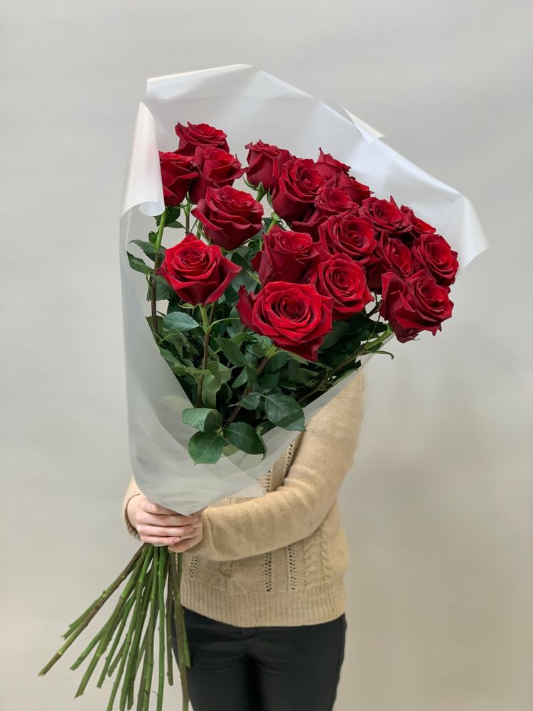 Букет 19 метровых роз красные в пленке