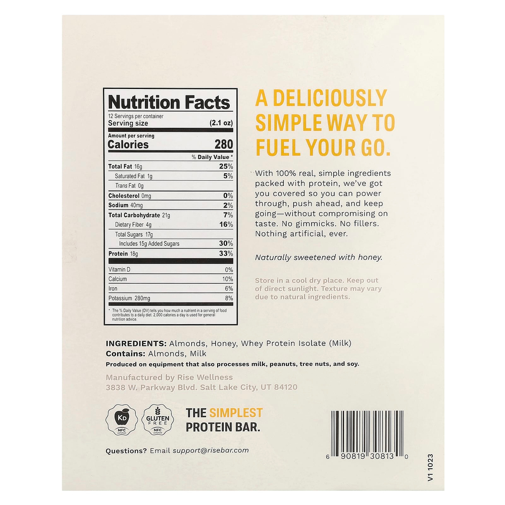 Rise Bar, Протеиновый батончик, миндальный мед, 12 батончиков по 60 г (2,1 унции)