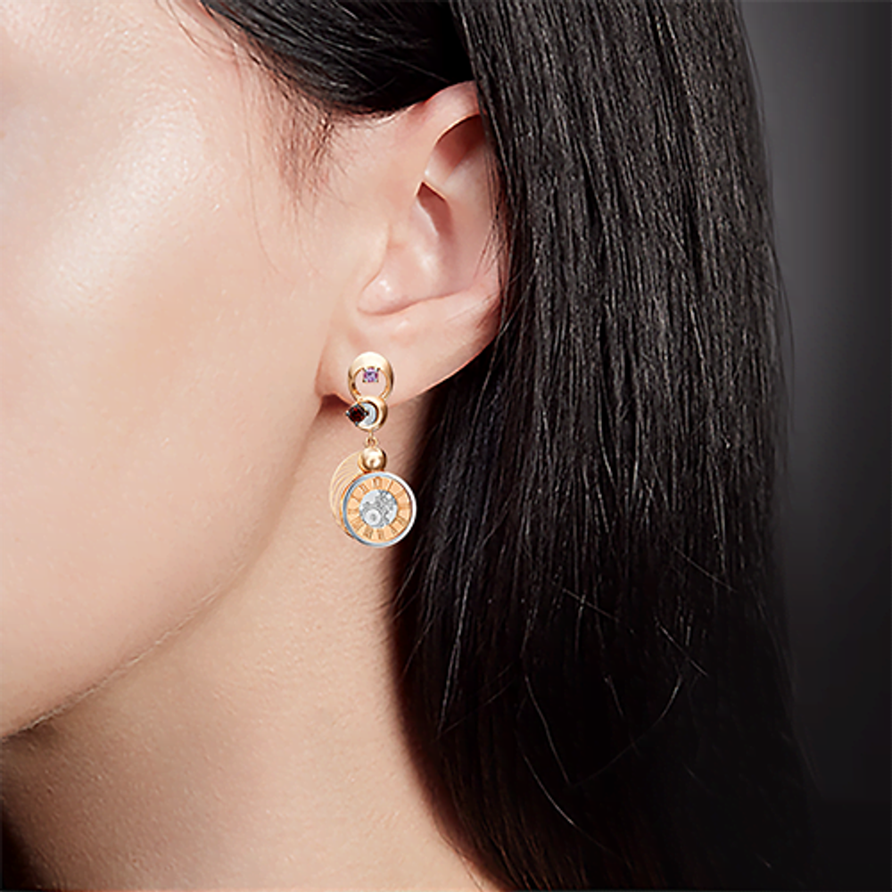 Серьги «Импульс» с английским замком из комбинированного золота с гранатом и аметистом