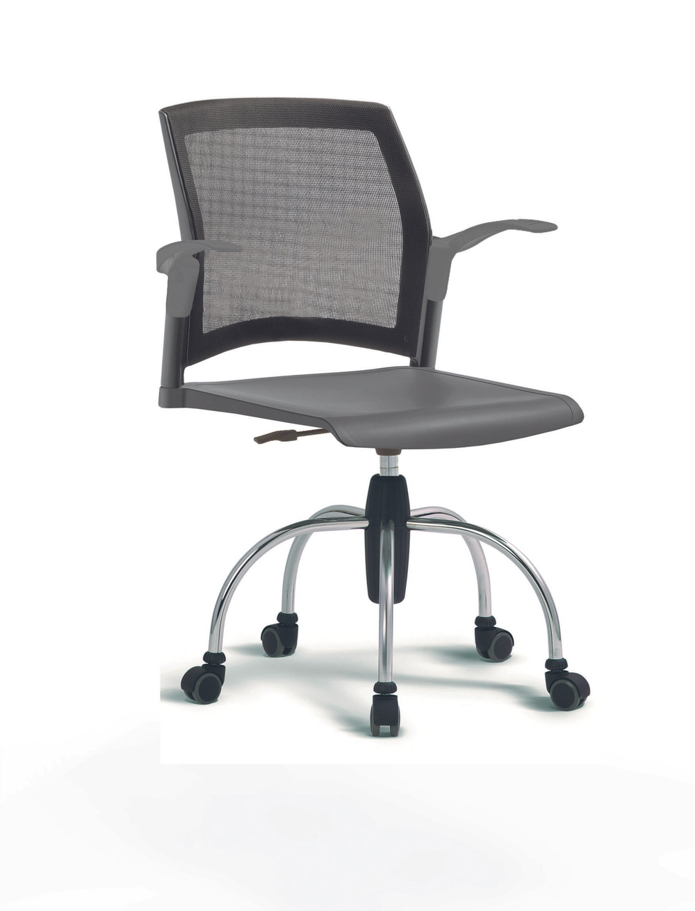 Кресло Rewind каркас хромированный, пластик серый, база паук хромированная, с открытыми подлокотниками, спинка-сетка