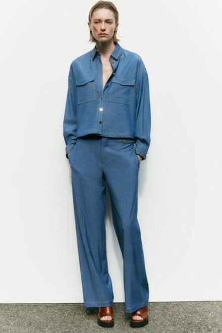 ZARA БРЮКИ С ШИРОКИМИ ШТАНИНАМИ И ТОНКИМ ПОЯСОМ, СИНИЙ