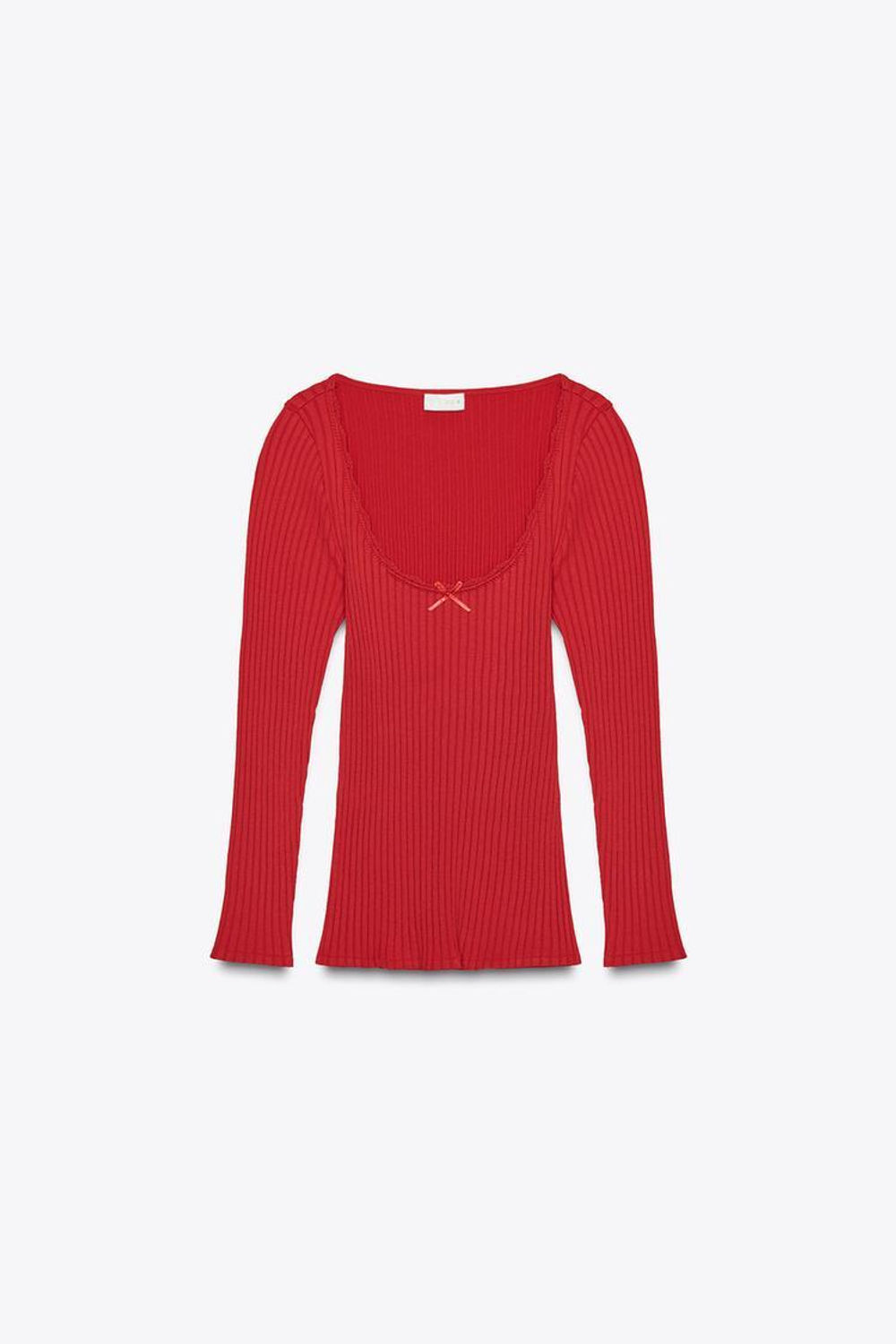 ZARA БЕСШОВНЫЙ ТОП В РУБЧИК С БАНТОМ, КРАСНЫЙ