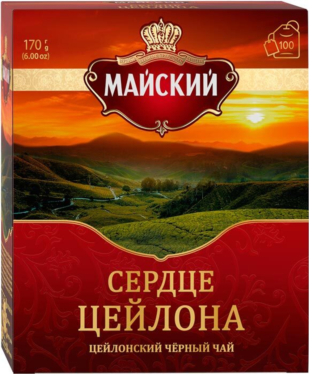 Чай черный Майский Сердце Цейлона 100 пакетов.