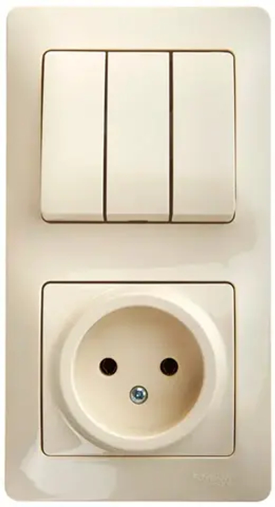 GLOSSA БЛОК: РОЗЕТКА без заземления + 3-клавишный ВЫКЛЮЧАТЕЛЬ, БЕЖЕВЫЙ