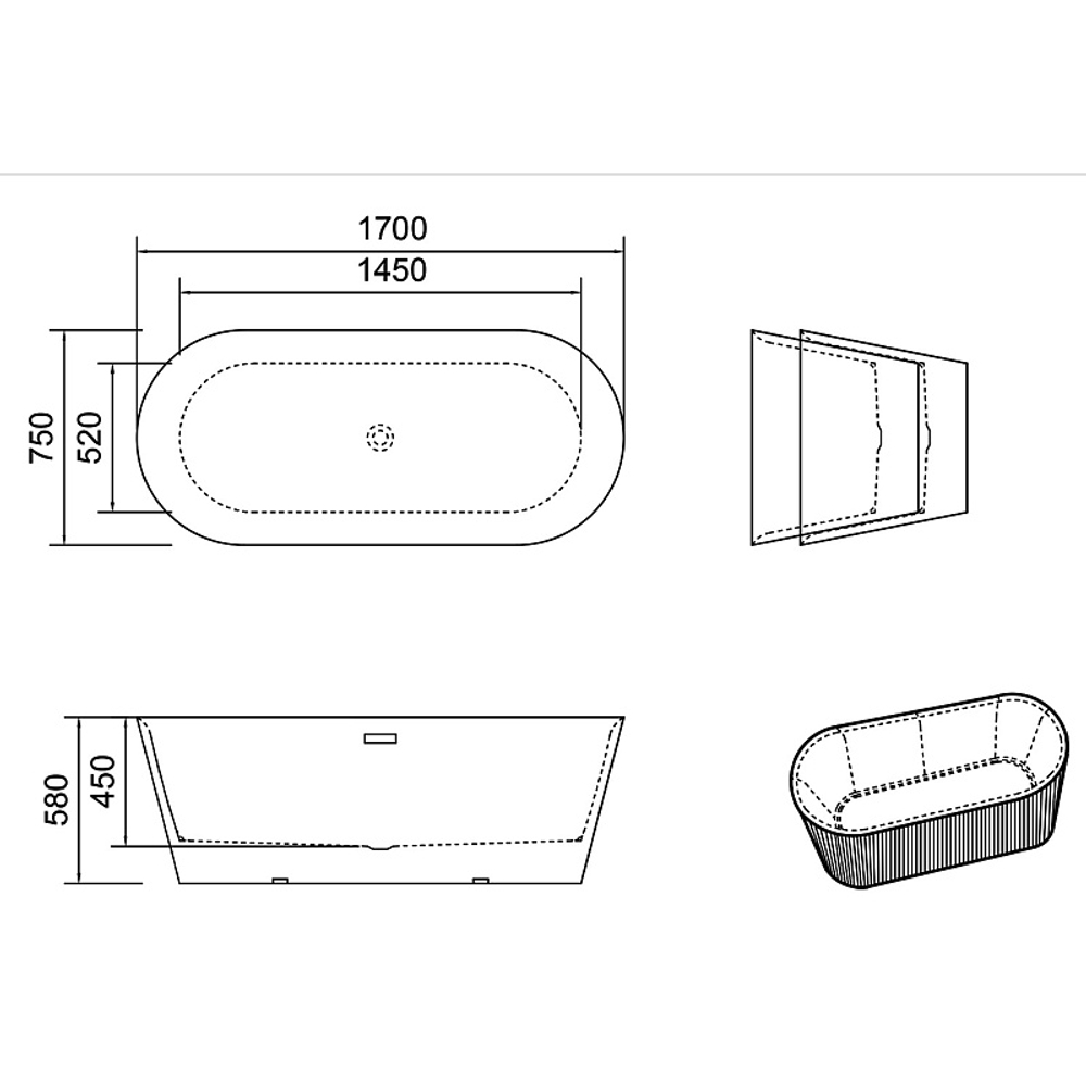 Ванна акриловая Azario ROUSE 170х75 отдельностоящая (AZ-6605C)
