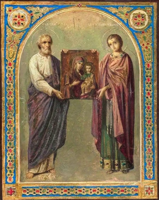 Икона Божией Матери Избавительница со святыми: Симон Кананит и Пантелеймон на дереве на левкасе