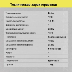 Аккумуляторная дрель-шуруповёрт ZITREK Green12 (12В, 32Нм, 1х1,5 Ач, Li-ion, бита, з/у)