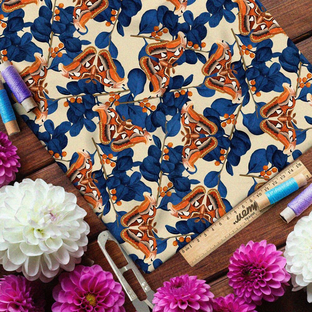 Ткань таффета оранжевые бабочки и синие листья на жёлтом фоне