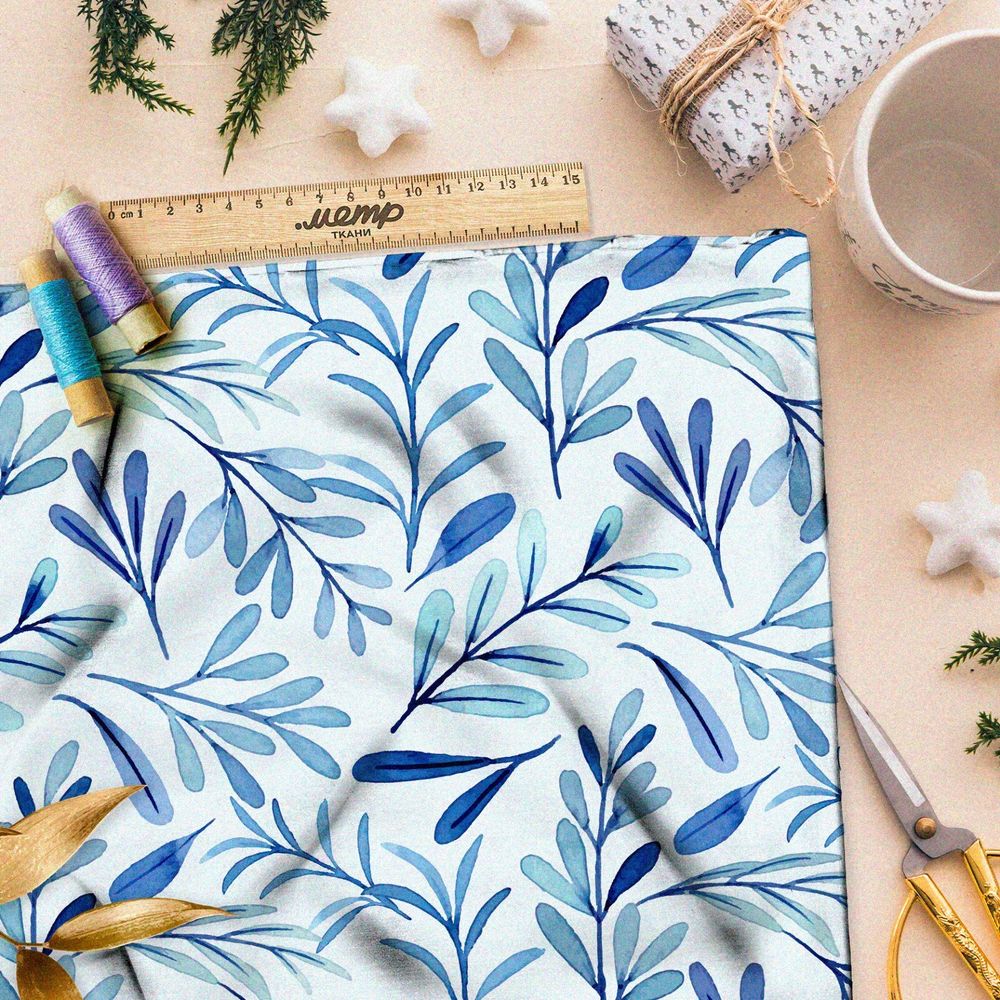 Ткань сатин тонкие акварельные листья на белом фоне