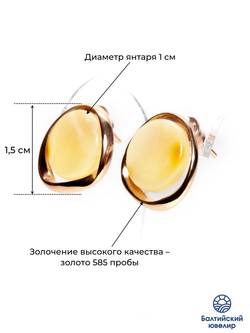 Серьги-пусеты из позолоченного серебра 925 с цельным пейзажным янтарем. Калининградский янтарь серьги