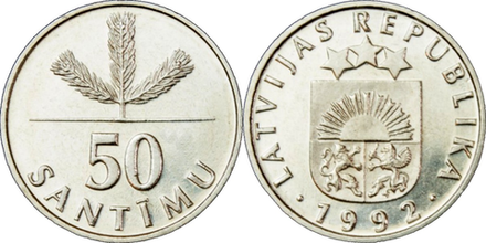 Латвия 50 сантимов, 1992 - 2009 Герб XF