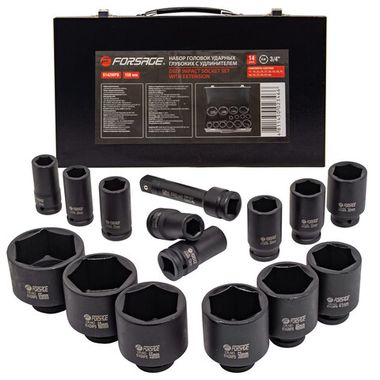 Набор головок ударных глубоких с удлинителем 150мм, 14пр., 3/4''6гр.(17,19,22,24,27,30,32,36,41,46,50,55,60,65мм),в метал. кейсе Forsage F-6142MPB