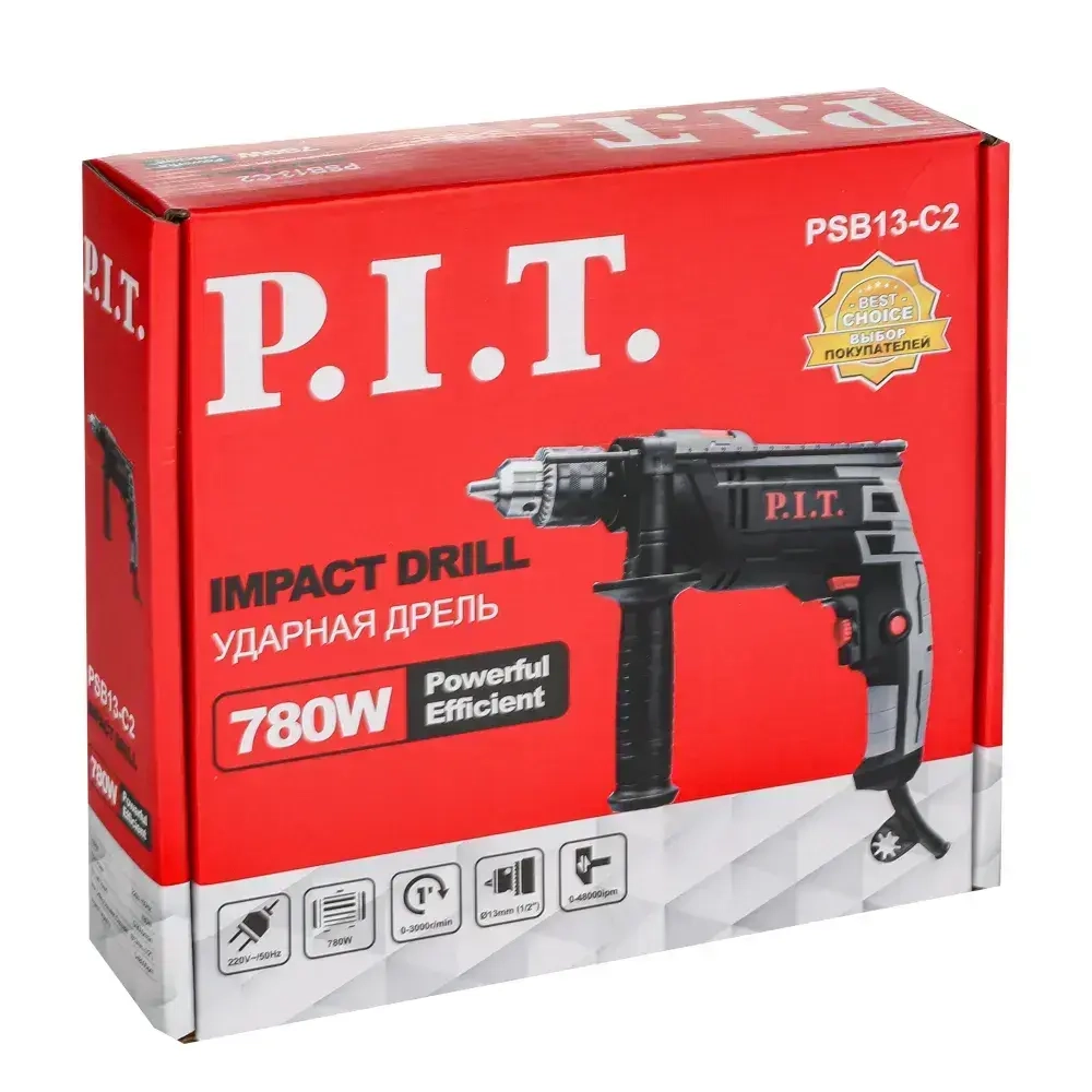 Дрель электрическая от сети ударная P.I.T. PSB13-C2, 780Вт, ударный механизм, реверс, регулировка об. 0-3000