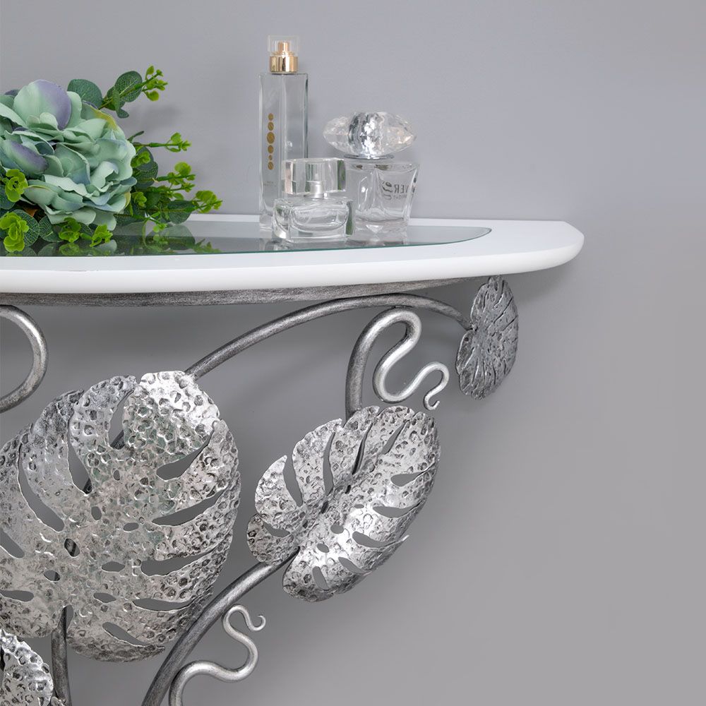 Консоль Monstera Deliciosa Wood (Монстера) Айс Античное серебро