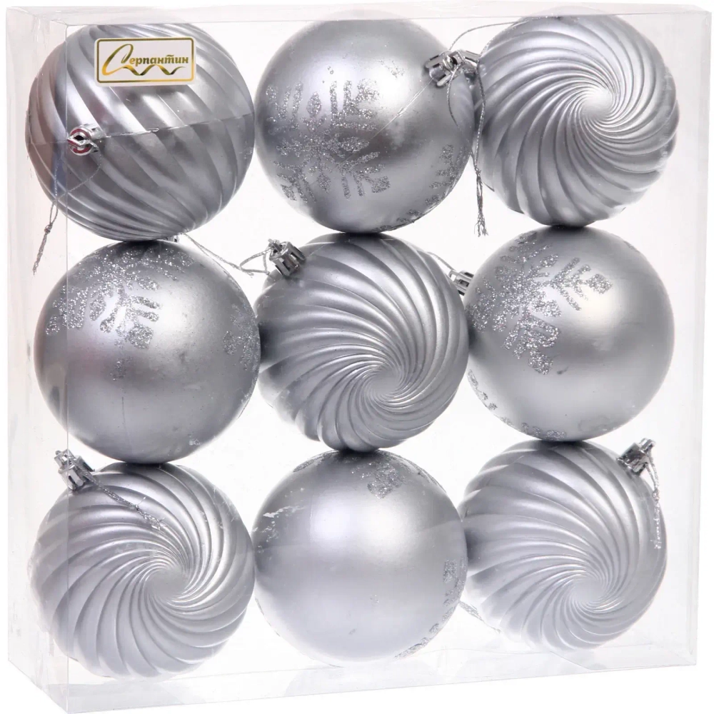 Новогодние шары «Изящные узоры» 8 см (набор 9 шт), Серебро