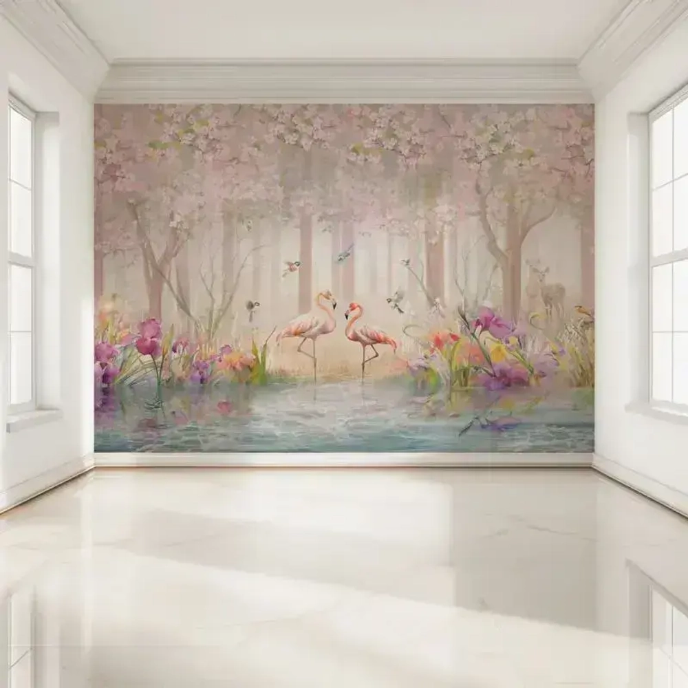 Фотообои флизелиновые 400x271, рисунок фламинго, практичный