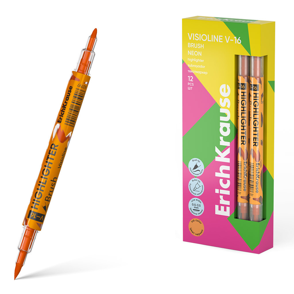 Двухсторонний текстмаркер ErichKrause Visioline V-16 Brush Neon, цвет чернил оранжевый (в коробке по 12 шт.)