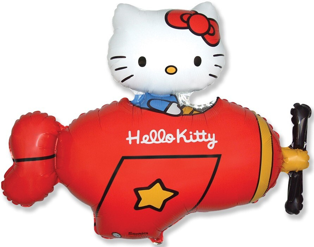 Фольгированный шар фигура Hello Kitty Котенок в самолете красный 91 см